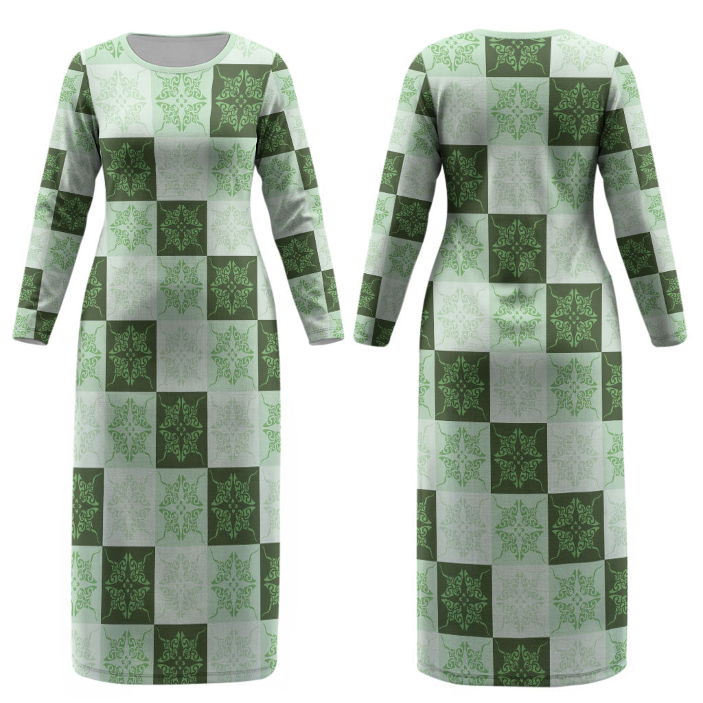 Sage Green Manta Ray Hawaiian Quilt Motif Couples Matching Long Sleeve Bodycon Dress and Long Sleeve Button Shirt