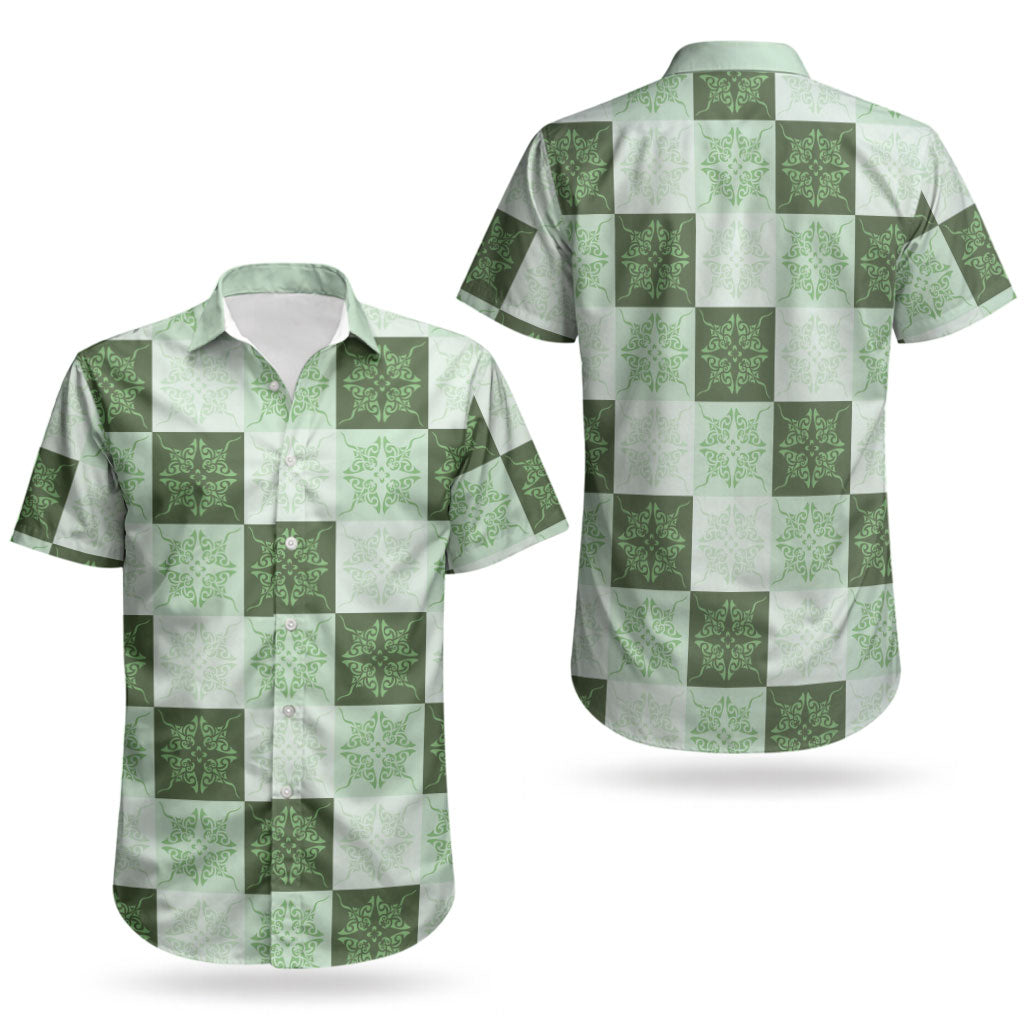 Sage Green Manta Ray Hawaiian Quilt Motif Couples Matching Mermaid Dress and Hawaiian Shirt