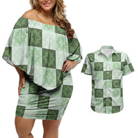 Sage Green Manta Ray Hawaiian Quilt Motif Couples Matching Off Shoulder Short Dress and Hawaiian Shirt