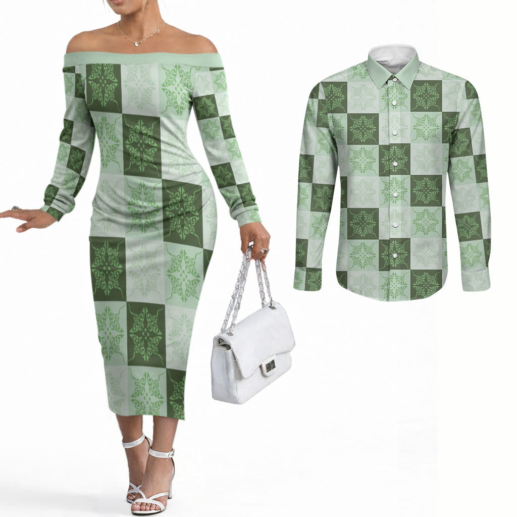 Sage Green Manta Ray Hawaiian Quilt Motif Couples Matching Off The Shoulder Long Sleeve Dress and Long Sleeve Button Shirt