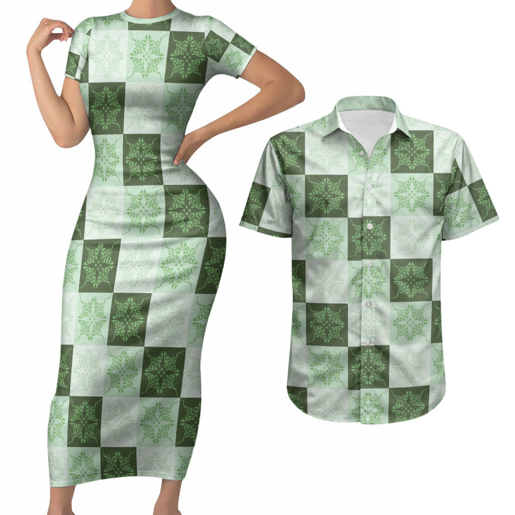 Sage Green Manta Ray Hawaiian Quilt Motif Couples Matching Short Sleeve Bodycon Dress and Hawaiian Shirt