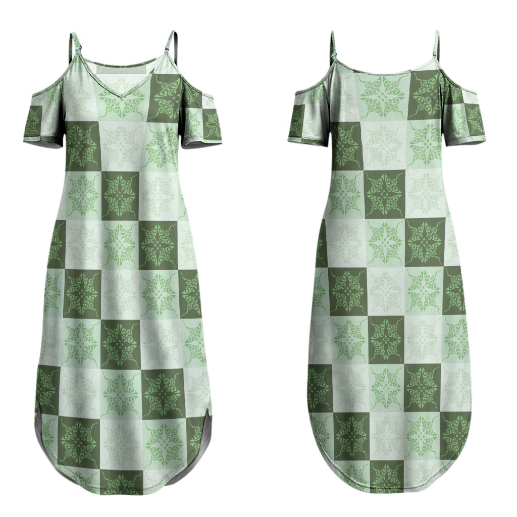 Sage Green Manta Ray Hawaiian Quilt Motif Couples Matching Summer Maxi Dress and Hawaiian Shirt