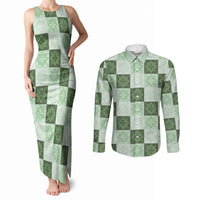 Sage Green Manta Ray Hawaiian Quilt Motif Couples Matching Tank Maxi Dress and Long Sleeve Button Shirt