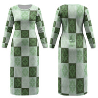 Sage Green Manta Ray Hawaiian Quilt Motif Family Matching Long Sleeve Bodycon Dress and Hawaiian Shirt