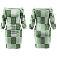 Sage Green Manta Ray Hawaiian Quilt Motif Family Matching Off The Shoulder Long Sleeve Dress and Hawaiian Shirt