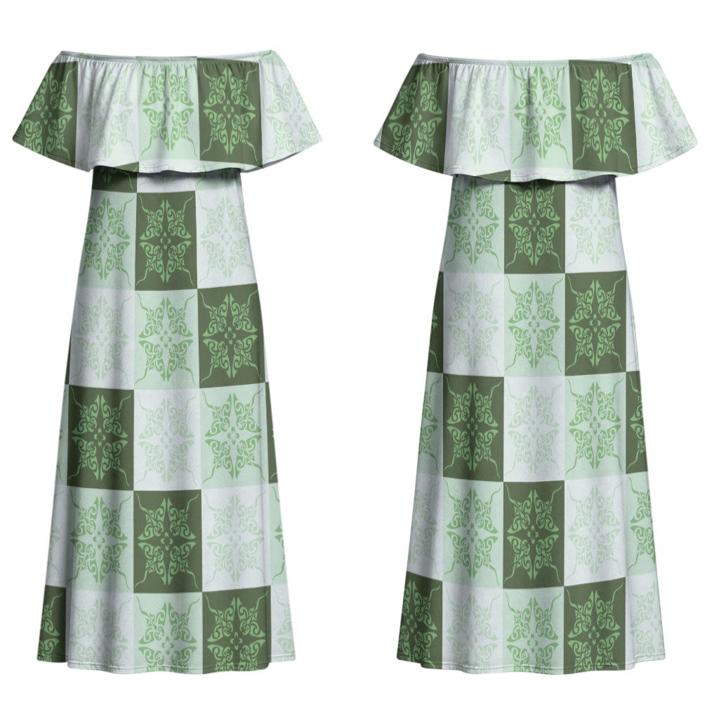 Sage Green Manta Ray Hawaiian Quilt Motif Family Matching Off Shoulder Maxi Dress and Hawaiian Shirt