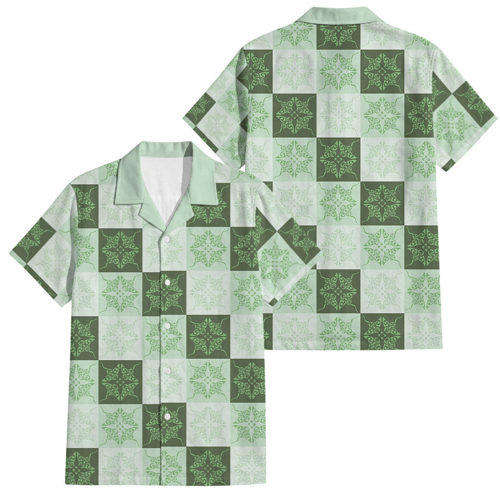 Sage Green Manta Ray Hawaiian Quilt Motif Family Matching Off Shoulder Short Dress and Hawaiian Shirt
