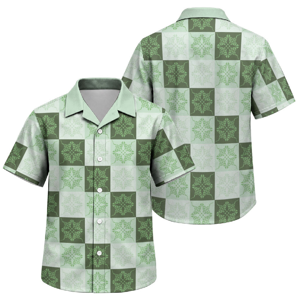 Sage Green Manta Ray Hawaiian Quilt Motif Family Matching Off Shoulder Short Dress and Hawaiian Shirt