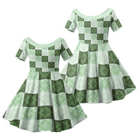 Sage Green Manta Ray Hawaiian Quilt Motif Family Matching Short Sleeve Bodycon Dress and Hawaiian Shirt