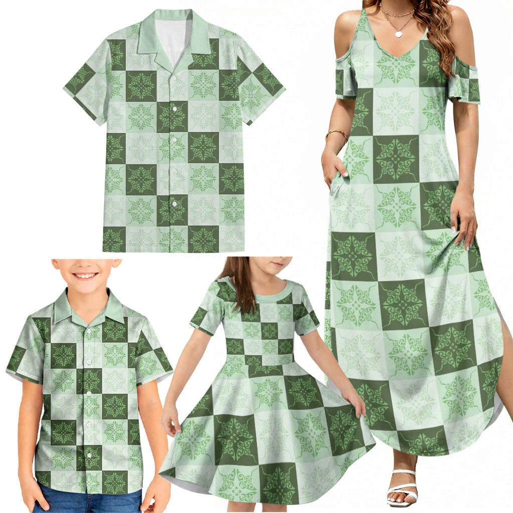 Sage Green Manta Ray Hawaiian Quilt Motif Family Matching Summer Maxi Dress and Hawaiian Shirt
