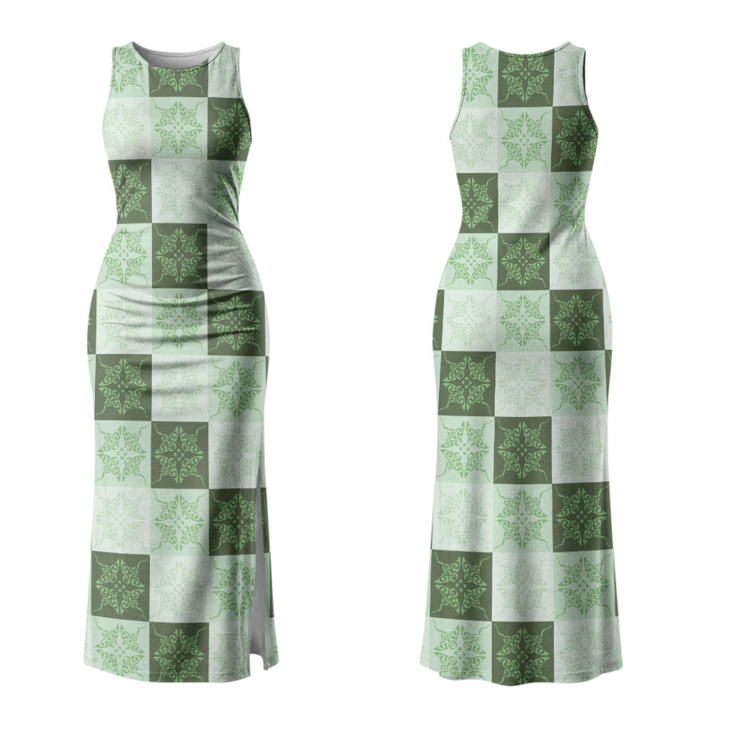 Sage Green Manta Ray Hawaiian Quilt Motif Family Matching Tank Maxi Dress and Hawaiian Shirt