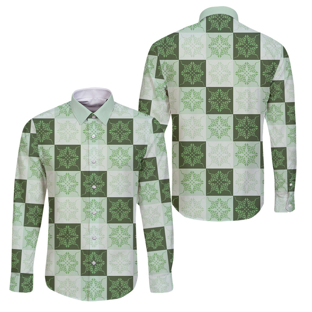 Sage Green Manta Ray Hawaiian Quilt Motif Family Matching Tank Maxi Dress and Hawaiian Shirt