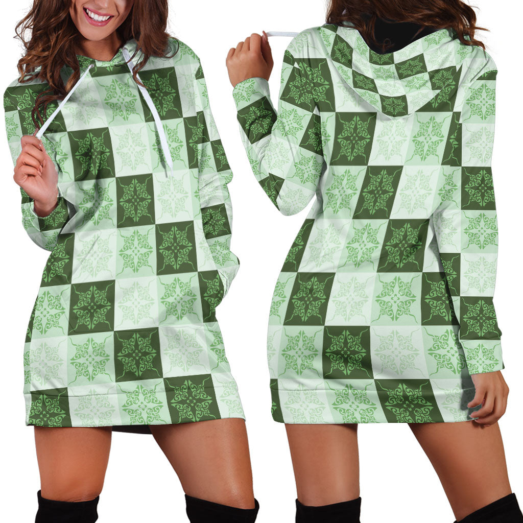 Sage Green Manta Ray Hawaiian Quilt Motif Hoodie Dress