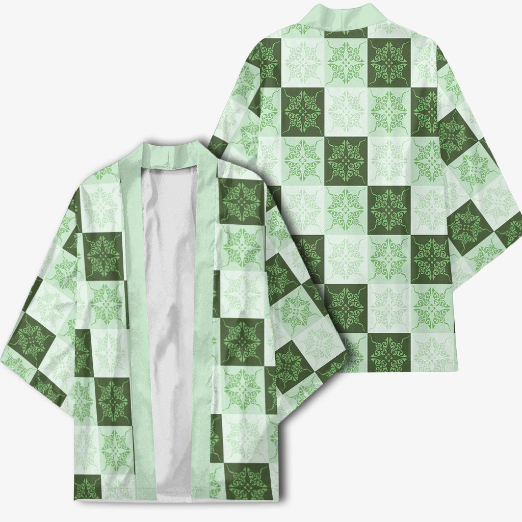 Sage Green Manta Ray Hawaiian Quilt Motif Kimono