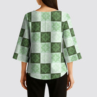 Sage Green Manta Ray Hawaiian Quilt Motif Kimono Sleeve Blouse
