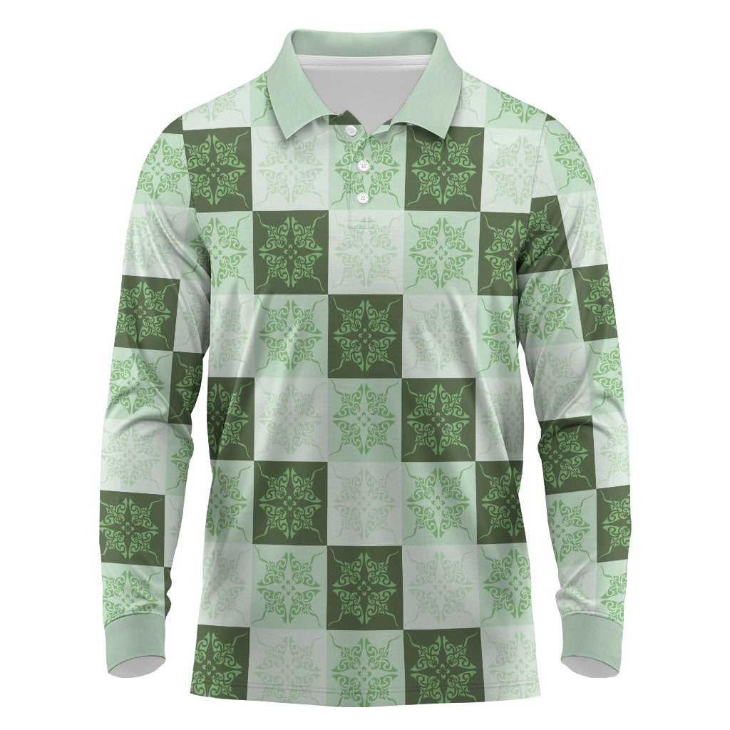 Sage Green Manta Ray Hawaiian Quilt Motif Long Sleeve Polo Shirt
