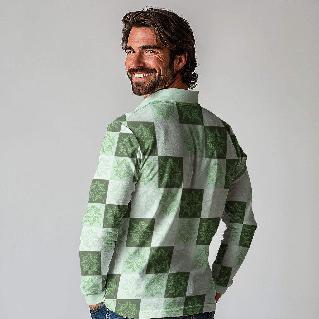 Sage Green Manta Ray Hawaiian Quilt Motif Long Sleeve Polo Shirt