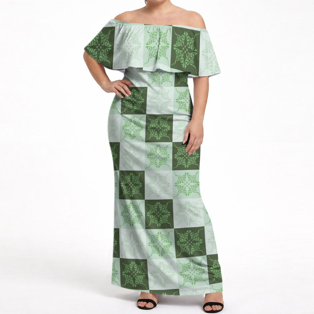 Sage Green Manta Ray Hawaiian Quilt Motif Off Shoulder Maxi Dress