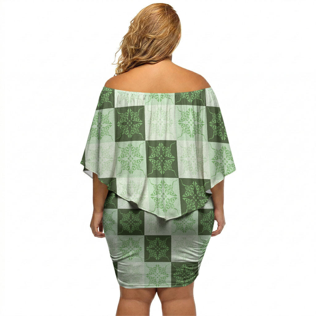 Sage Green Manta Ray Hawaiian Quilt Motif Off Shoulder Short Dress