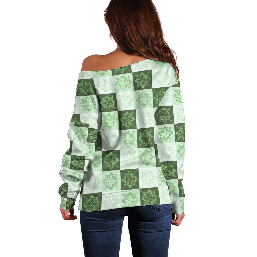 Sage Green Manta Ray Hawaiian Quilt Motif Off Shoulder Sweater