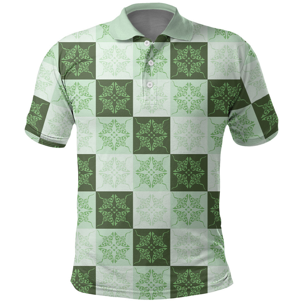 Sage Green Manta Ray Hawaiian Quilt Motif Polo Shirt