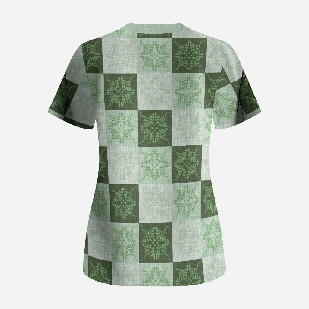 Sage Green Manta Ray Hawaiian Quilt Motif Scrub Top
