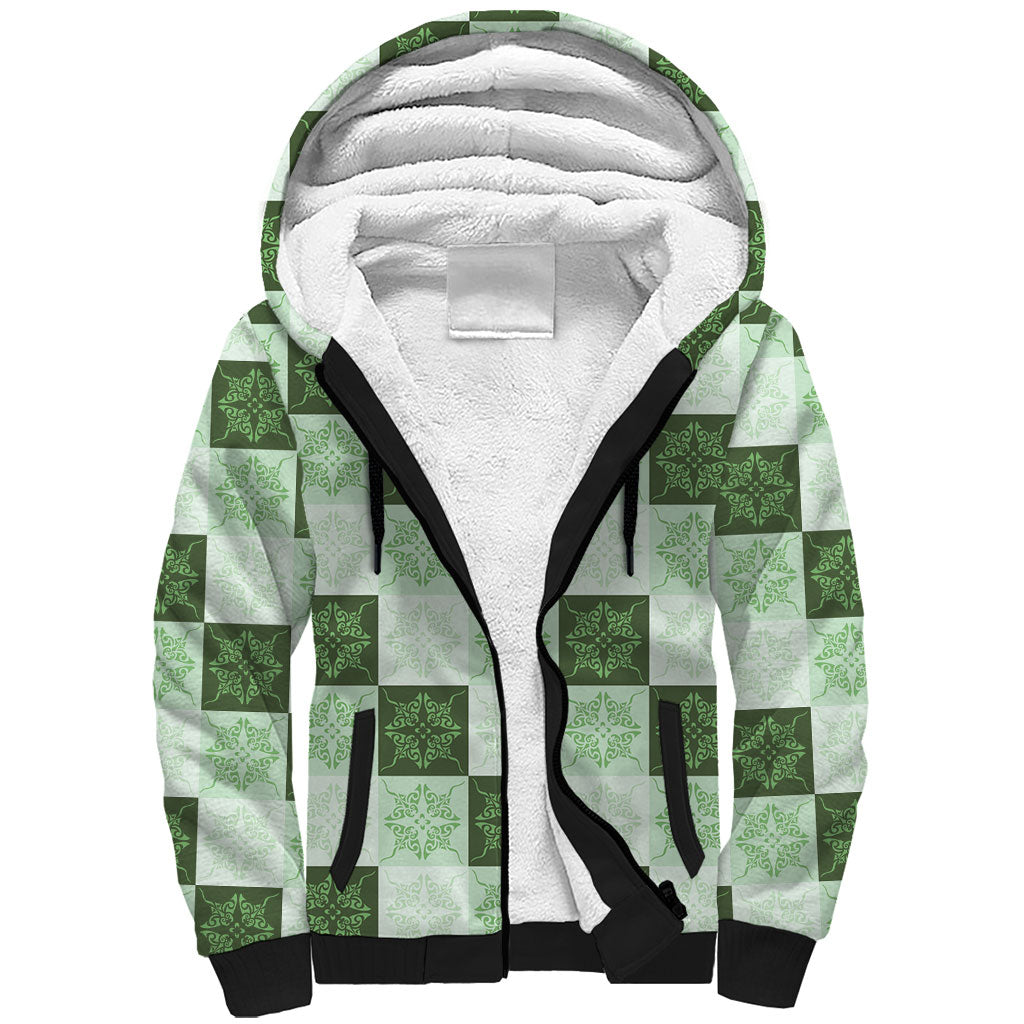 Sage Green Manta Ray Hawaiian Quilt Motif Sherpa Hoodie