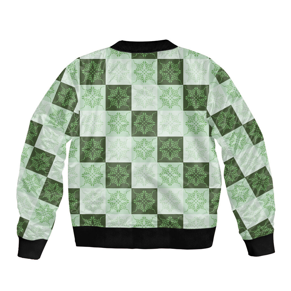 Sage Green Manta Ray Hawaiian Quilt Motif Sleeve Zip Bomber Jacket