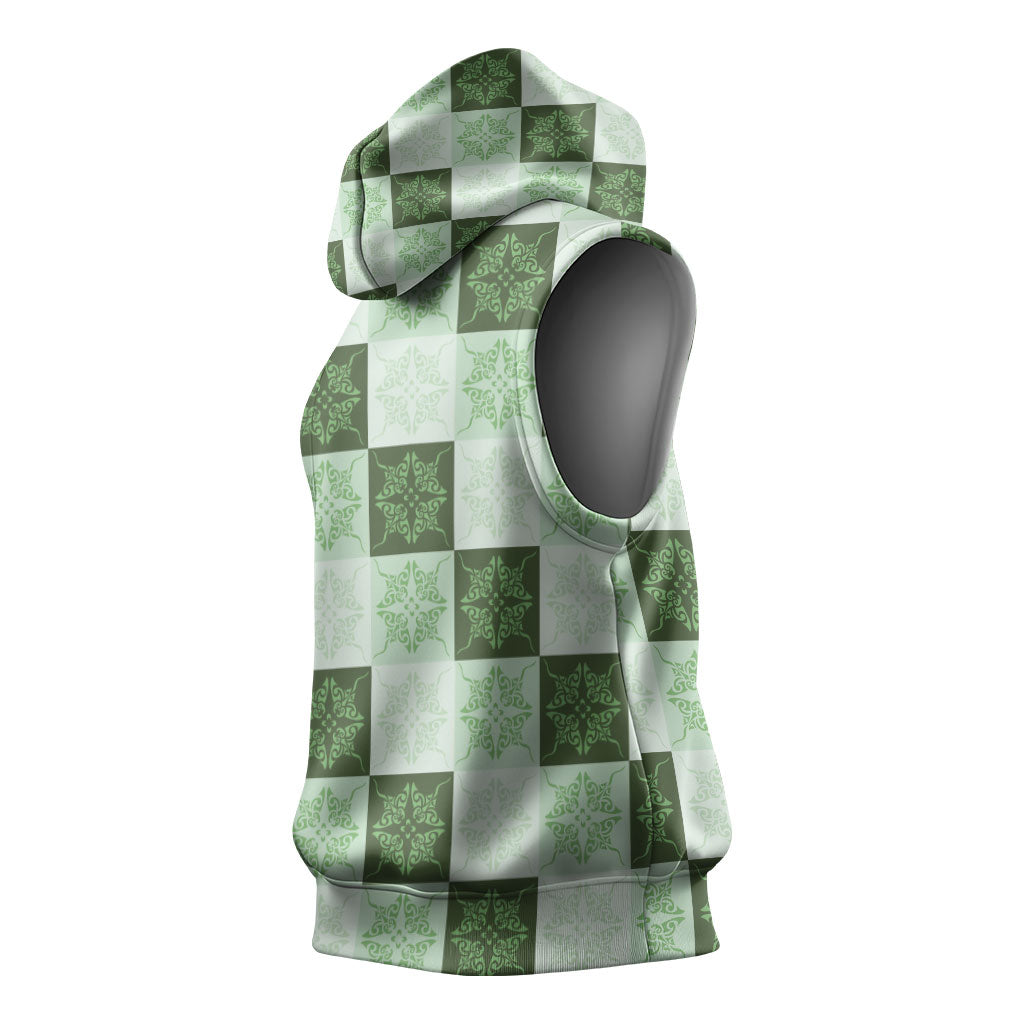 Sage Green Manta Ray Hawaiian Quilt Motif Sleeveless Hoodie