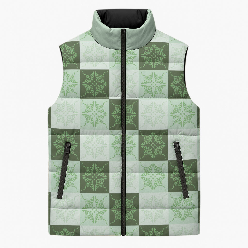 Sage Green Manta Ray Hawaiian Quilt Motif Sleeveless Puffer Jacket