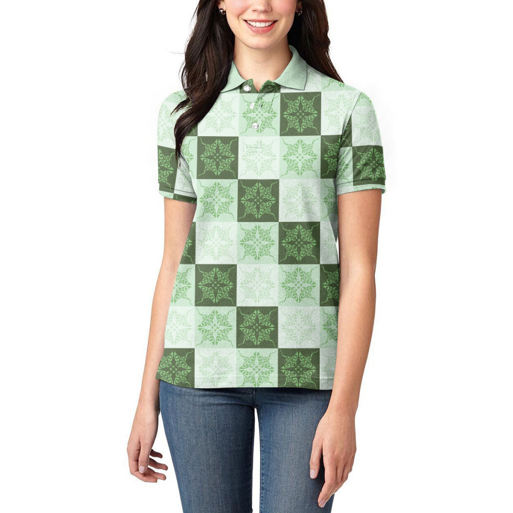 Sage Green Manta Ray Hawaiian Quilt Motif Women Polo Shirt