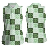 Sage Green Manta Ray Hawaiian Quilt Motif Women Sleeveless Polo Shirt