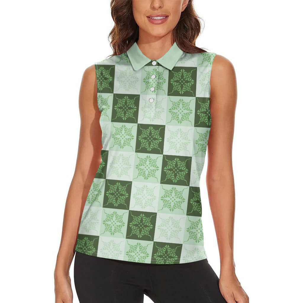 Sage Green Manta Ray Hawaiian Quilt Motif Women Sleeveless Polo Shirt