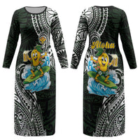 Aloha Hawaii Mango Surfing Couples Matching Long Sleeve Bodycon Dress and Hawaiian Shirt Polynesian Style