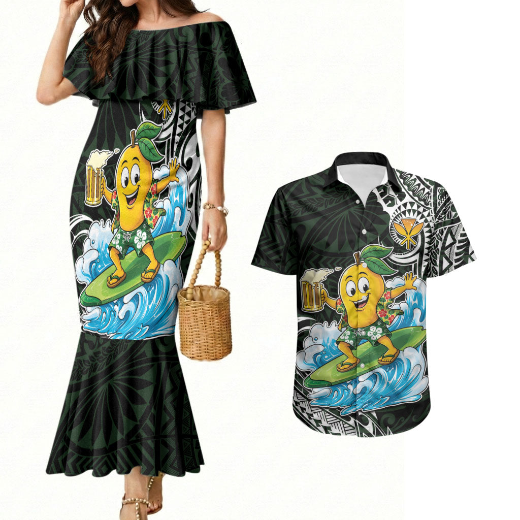 Aloha Hawaii Mango Surfing Couples Matching Mermaid Dress and Hawaiian Shirt Polynesian Style