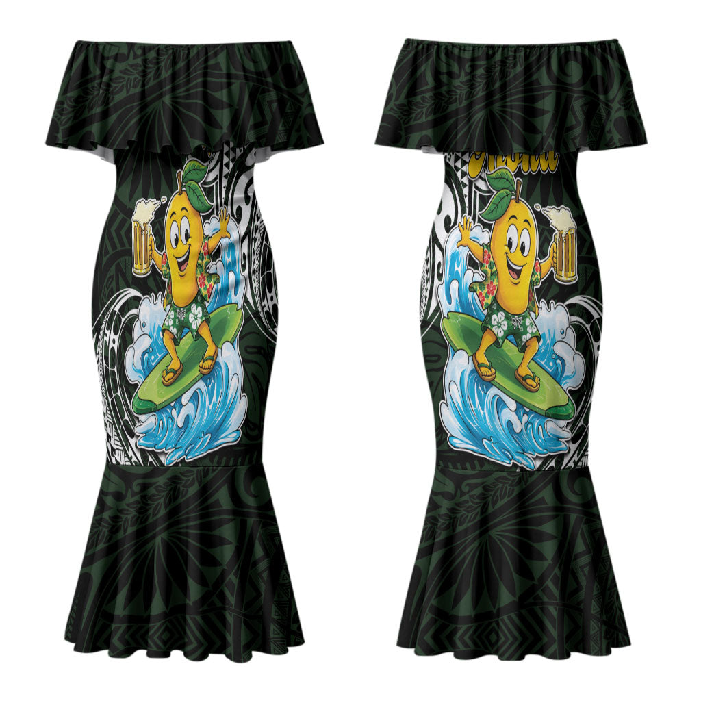 Aloha Hawaii Mango Surfing Couples Matching Mermaid Dress and Hawaiian Shirt Polynesian Style