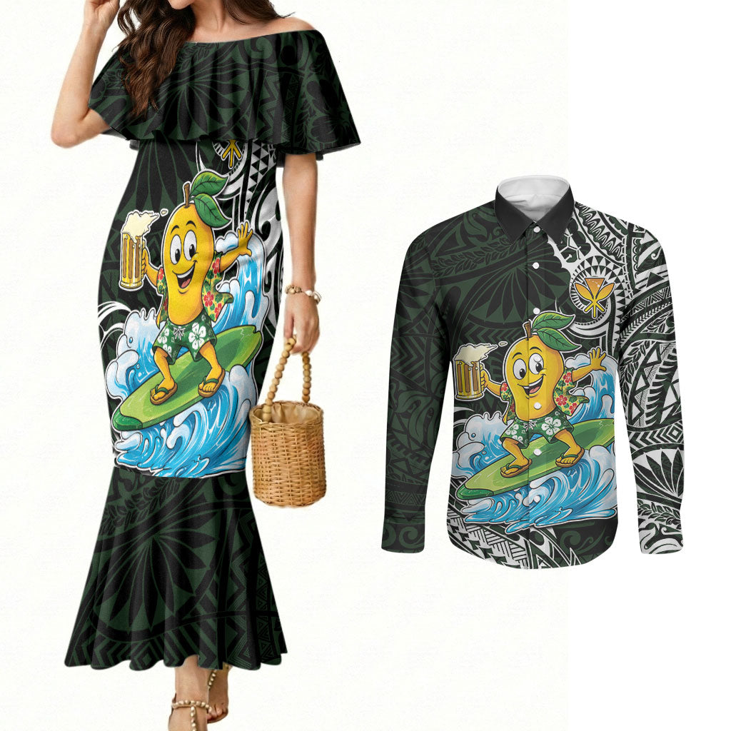Aloha Hawaii Mango Surfing Couples Matching Mermaid Dress and Long Sleeve Button Shirt Polynesian Style