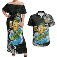 Aloha Hawaii Mango Surfing Couples Matching Off Shoulder Maxi Dress and Hawaiian Shirt Polynesian Style