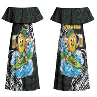 Aloha Hawaii Mango Surfing Couples Matching Off Shoulder Maxi Dress and Hawaiian Shirt Polynesian Style