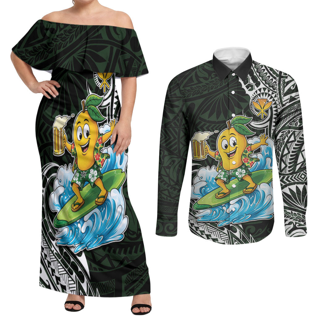 Aloha Hawaii Mango Surfing Couples Matching Off Shoulder Maxi Dress and Long Sleeve Button Shirt Polynesian Style