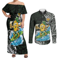Aloha Hawaii Mango Surfing Couples Matching Off Shoulder Maxi Dress and Long Sleeve Button Shirt Polynesian Style