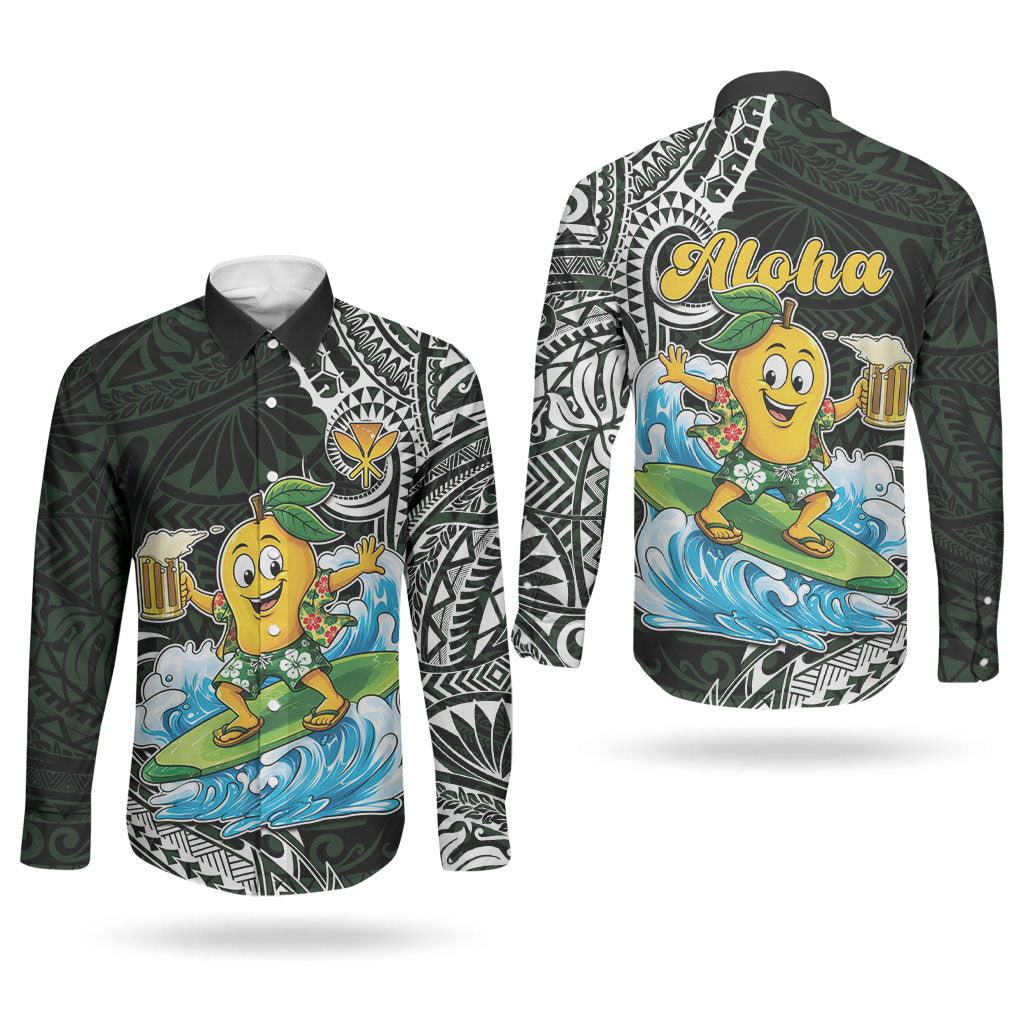 Aloha Hawaii Mango Surfing Couples Matching Off Shoulder Maxi Dress and Long Sleeve Button Shirt Polynesian Style