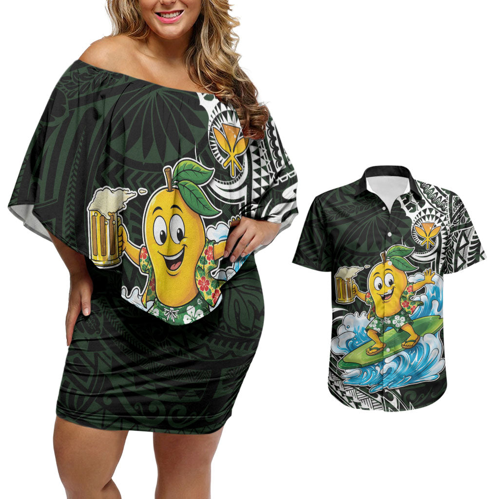 Aloha Hawaii Mango Surfing Couples Matching Off Shoulder Short Dress and Hawaiian Shirt Polynesian Style