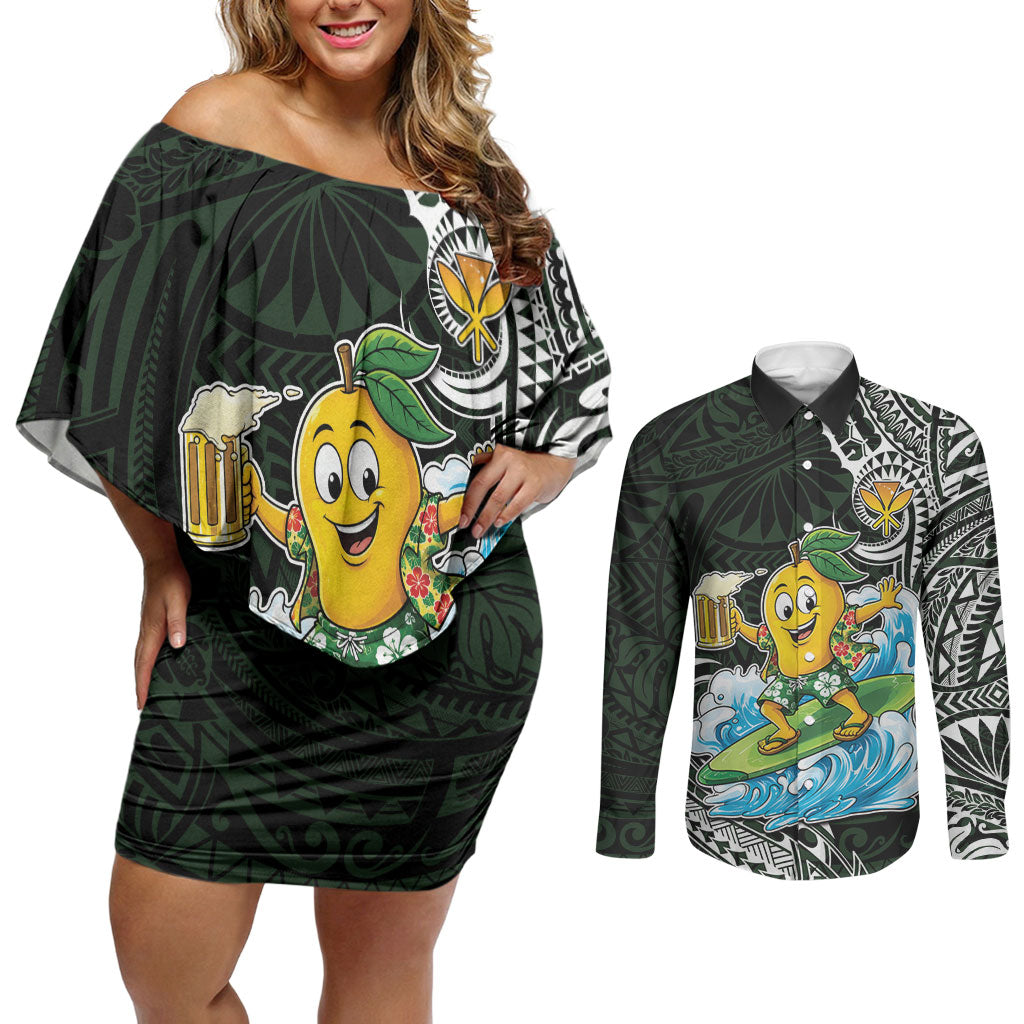 Aloha Hawaii Mango Surfing Couples Matching Off Shoulder Short Dress and Long Sleeve Button Shirt Polynesian Style