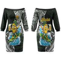 Aloha Hawaii Mango Surfing Couples Matching Off The Shoulder Long Sleeve Dress and Hawaiian Shirt Polynesian Style