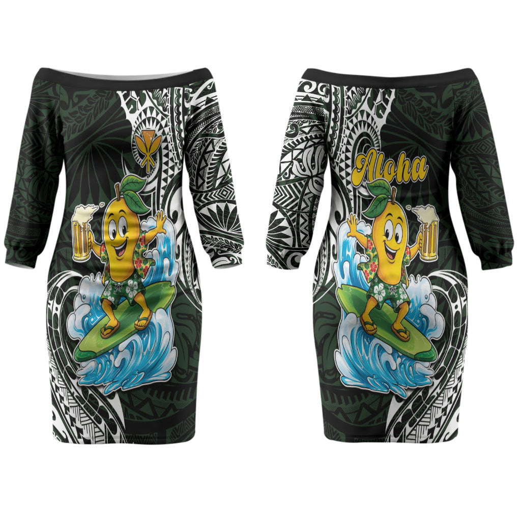 Aloha Hawaii Mango Surfing Couples Matching Off The Shoulder Long Sleeve Dress and Long Sleeve Button Shirt Polynesian Style