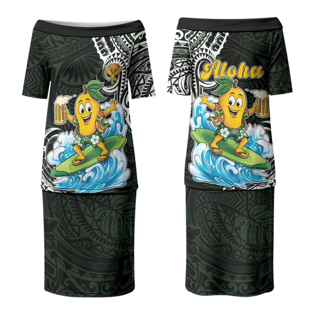 Aloha Hawaii Mango Surfing Couples Matching Puletasi and Long Sleeve Button Shirt Polynesian Style