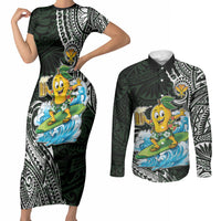 Aloha Hawaii Mango Surfing Couples Matching Short Sleeve Bodycon Dress and Long Sleeve Button Shirt Polynesian Style