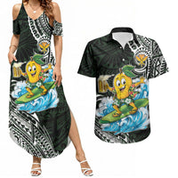 Aloha Hawaii Mango Surfing Couples Matching Summer Maxi Dress and Hawaiian Shirt Polynesian Style