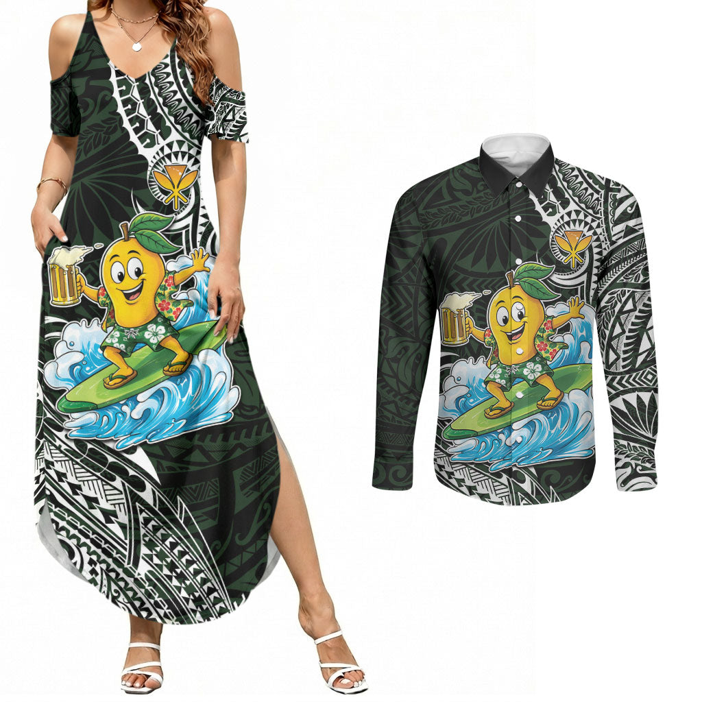Aloha Hawaii Mango Surfing Couples Matching Summer Maxi Dress and Long Sleeve Button Shirt Polynesian Style